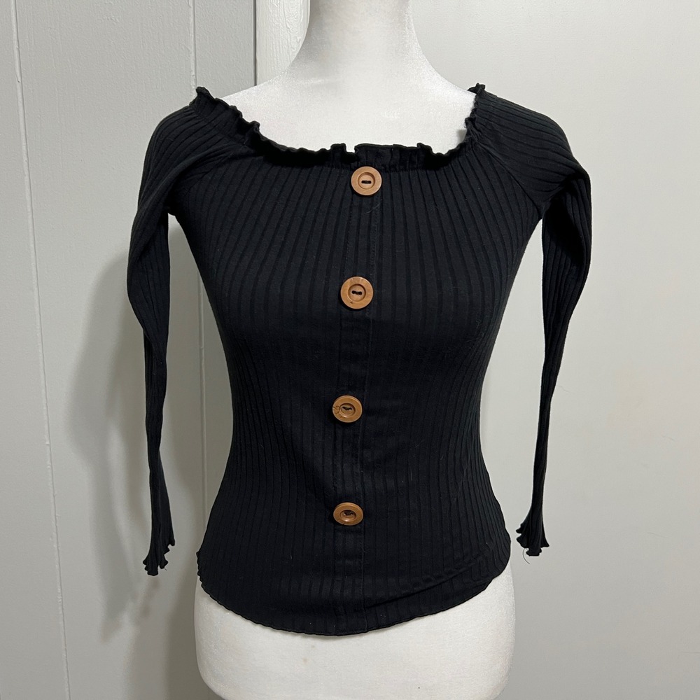 Full Circle Trends Black Ribbed Off Shoulder Top Size S Lettuce Trim Whimsigoth